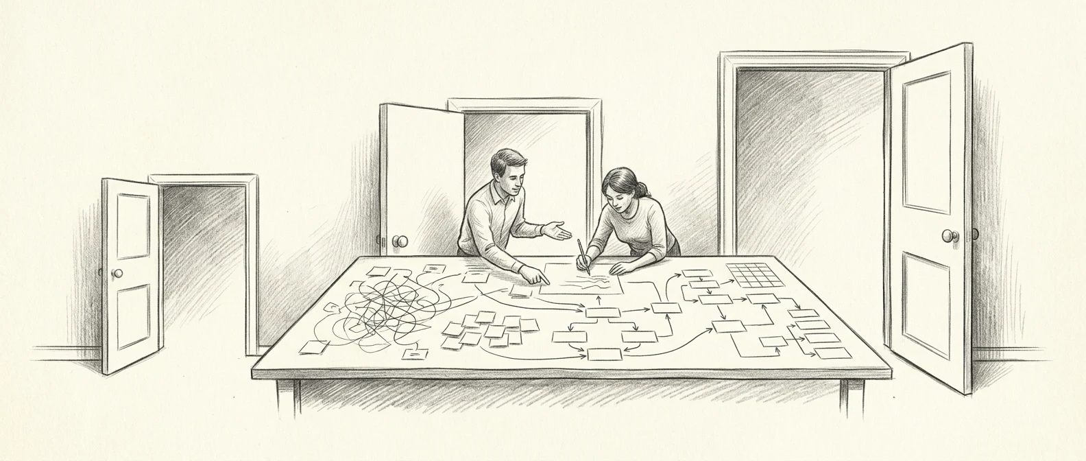Graphite sketch of three open doors leading into one room, where two people turn a tangled scribble on a table into an ordered workflow diagram