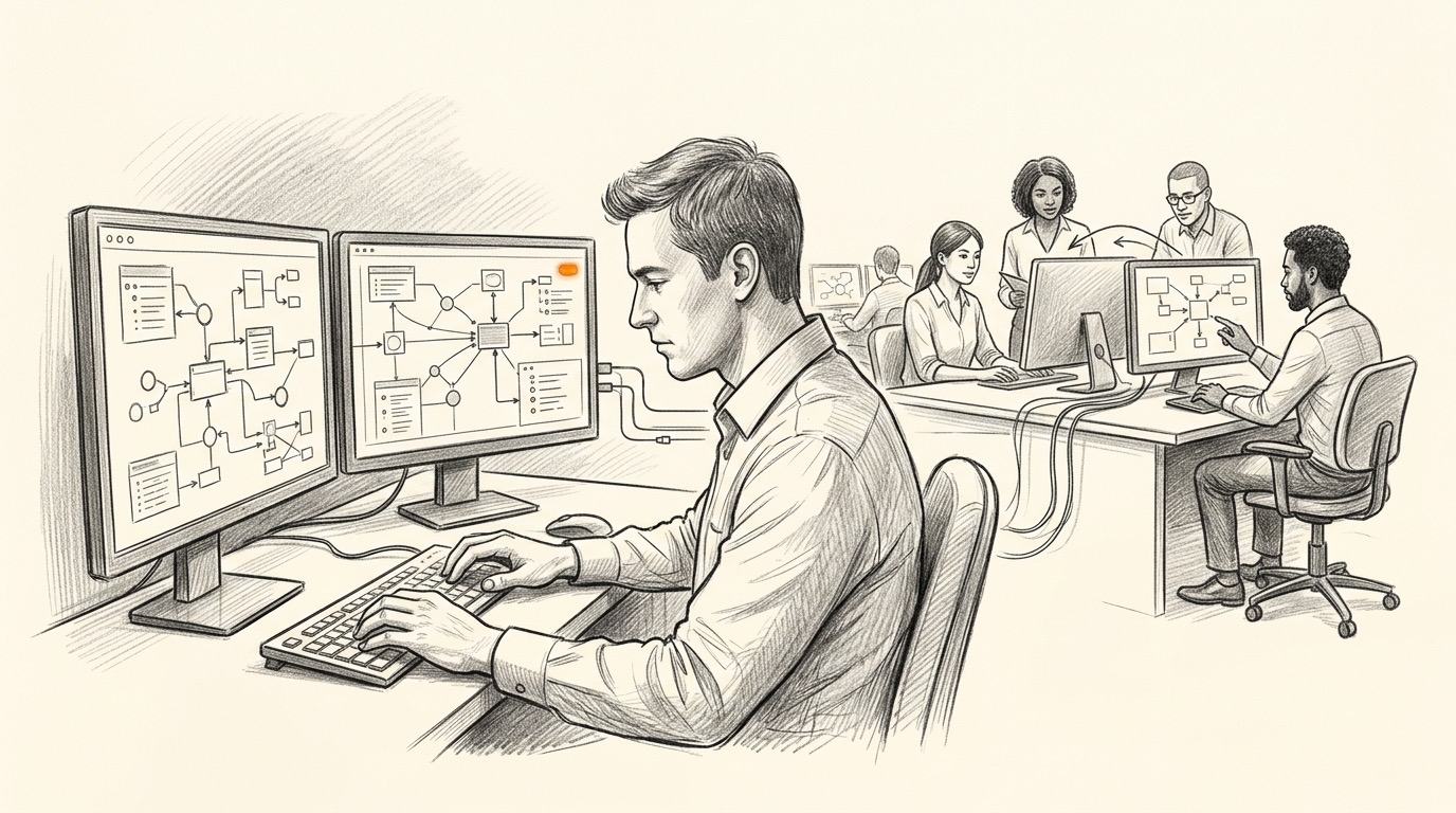 An engineer building and deploying a connected system while a team downstream uses the finished result