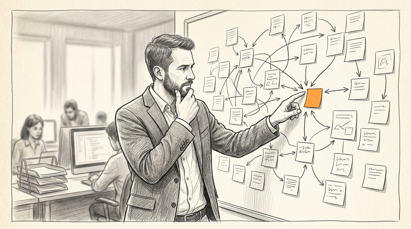 A founder studying a tangled workflow of disconnected departments, tracing the breakdown between teams
